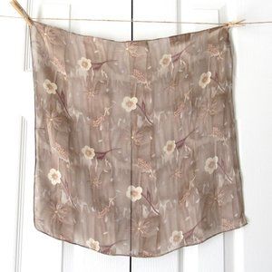GILDA'S CLUB Scarf Sheer Brown White Flowers 100% Silk Made in USA 1990's